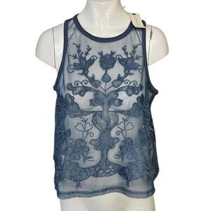 Anthropologie Mesh Appliqué Tank Floral Embroidered Sheer Blue Size XS NWT
